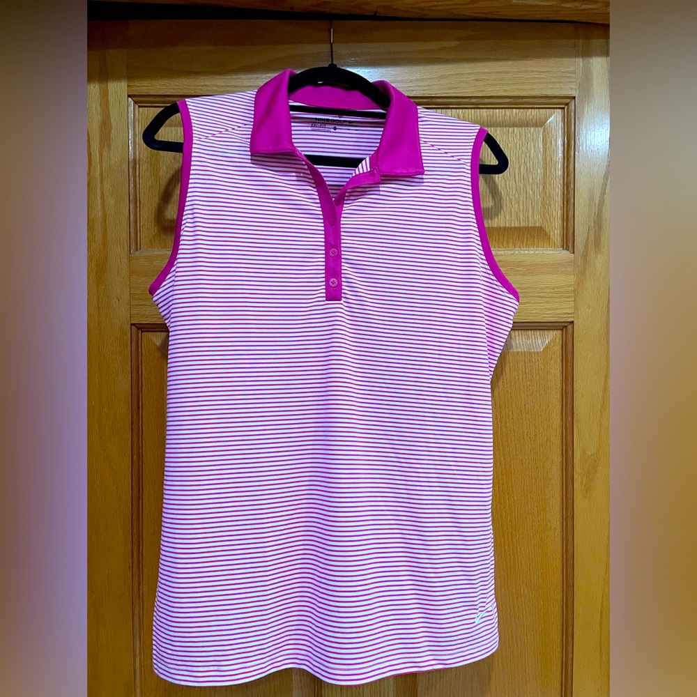 Nike Golf Dri-Fit XL Victory Pink White Striped Sleeveless Golf Polo